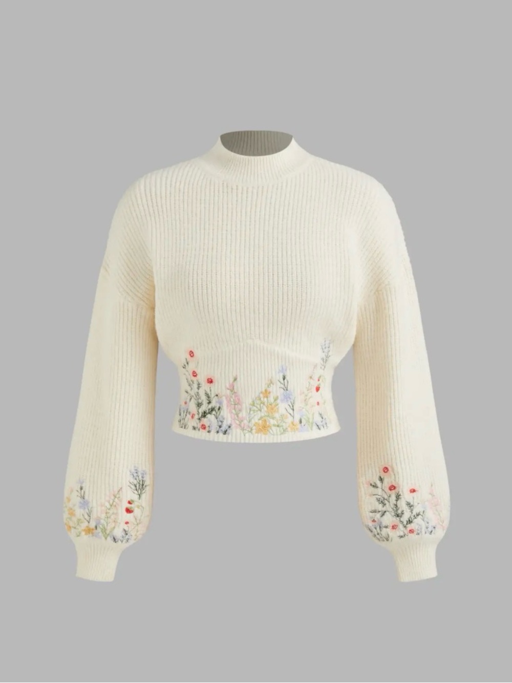 Cider Cream Cropped Crewneck Sweater with Floral Embroidery - Picture 2 of 8